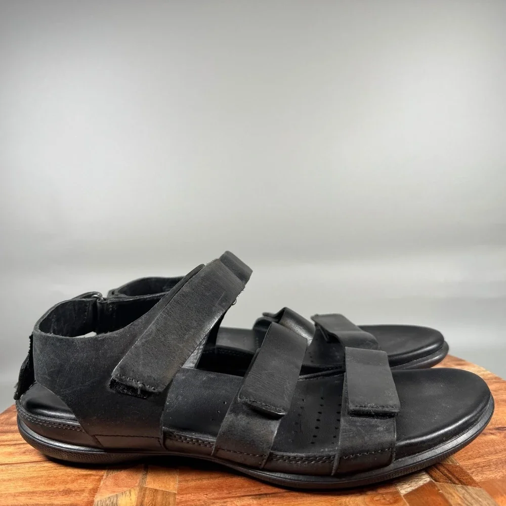 ECCO Simpil Black Leather Strappy Flat Sandals Women's EU 40 US 9-9.5